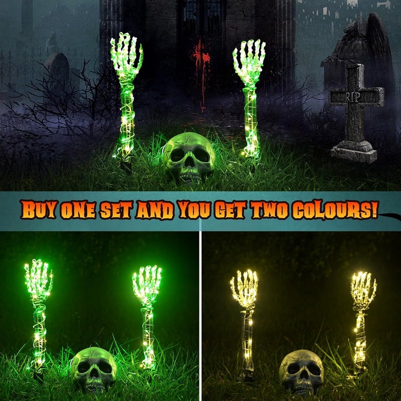 Sinranac Maxee Halloween Luminous Skeleton Skull Set, 1 Skull & 2 Skull Hands with 5 m Fairy Lights & Remote Control (8 Modes & Timer), 2 Warm Fairy Lights (3 Modes), Halloween Decoration for Outdoor Garden - Image 3